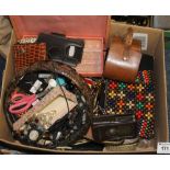 Box of assorted mixed items to include: lady's beaded handbags; glass bowl; jewellery box;