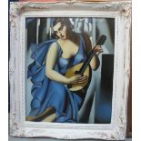 After Tamara de Lempicka, portrait of a female mandolin player, oils on board. Framed.