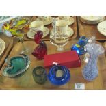 Tray of assorted glassware to include: marble glass pedestal bowl; various glass paperweights,