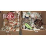 Two boxes of assorted china to include: pair of Japanese figural vases; various floral teaware;