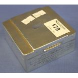 Silver square cigarette box engraved: 'Presented to J. Walter Tremayne esq.