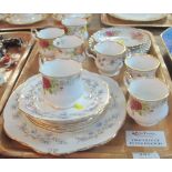 Tray of various china teaware to include: Queens and Old Foley 'Garland Rose'.