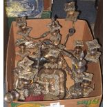 Box of assorted metalware to include: large silver plated table candelabrum;