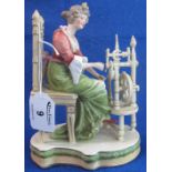 German Sitzendorf porcelain study of a Victorian lady at her spinning wheel.