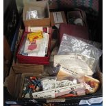 Box of assorted Airfix and other kits, military diecast vehicles and soldiers, various parts,