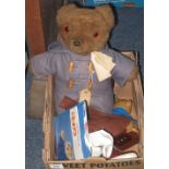 Box of assorted Paddington Bear ephemera to include: Paddington soft toy with blue duffle coat,