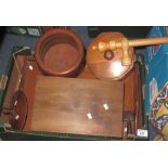 Box of assorted treen to include: mahogany writing slope,