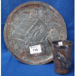 Japanese bronzed white metal relief decorated dish with a similar beaker with relief dragon