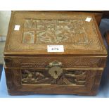 Carved Oriental design box containing assorted pearls, beads etc.