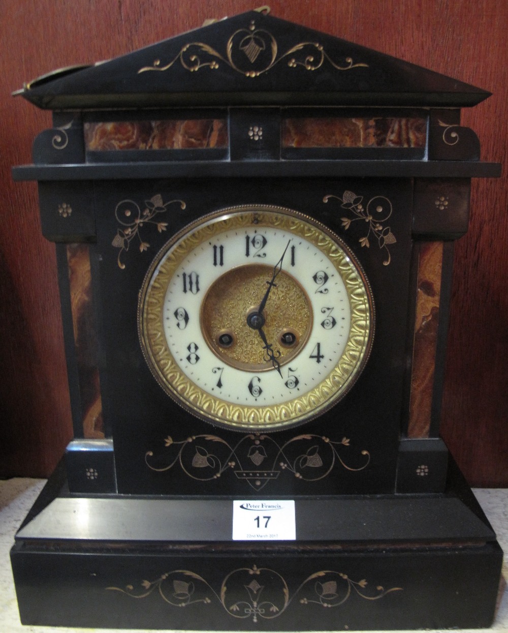 Late 19th/early 20th Century black slate architectural two train mantel clock with gilded and