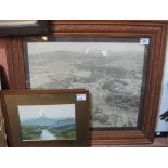 Framed aerial photograph, together with two moorland studies signed: R.J. Lugg, watercolours.