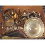 Box of assorted metalware to include: silver plated spirit kettle on stand;