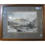 British School, Snowdonia landscape with Mount Snowdon, watercolours. Framed and glazed.