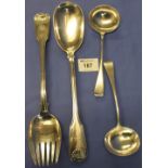 Large pair of silver shell design serving spoon and fork, London hallmarks,