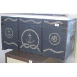 Vintage painted pine trunk with carrying handles and painted marine decoration.