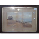 British School, early 20th Century, coastal study with white cliffs and castle in hotel on beach,