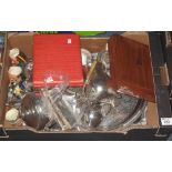 Tray of assorted metalware and other items to include: silver plated trays; cased cutlery; tea set;