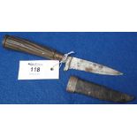 Small Middle Eastern dagger with wooden handle and leather scabbard, single edge steel blade.
