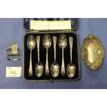 Cased set of six silver engraved teaspoons, Sheffield hallmarks,