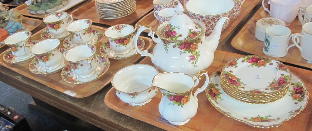 Two trays of Royal Albert bone china 'Old Country Roses' teaware comprising: teacups and saucers;