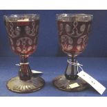 Pair of ruby, flash cut, pedestal goblets, Bohemian. (2) (B.P. 24% incl.