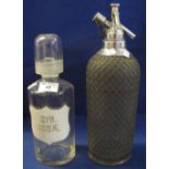 Vintage metal mounted soda syphon together with a clear glass chemist's jar and cover. (2) (B.P.