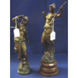 Pair of French bronzed spelter figures of dancing females in Art Nouveau style, signed 'Moreau'.