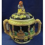 German pottery two handled lidded rum toft with relief moulded, coloured decoration. (B.P. 24% incl.