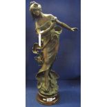 French Art Nouveau style bronzed spelter figurine of a dancing female on wooden socle base. (B.P.