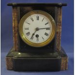 19th Century black slate and marble mantel clock with white enamel face and French brass drum