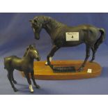 Beswick china connoisseur model, 'Black Beauty and her foal', on wooden base. (B.P. 24% incl.