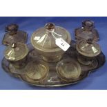 Mid 20th Century cloud glass dressing table set comprising: tray; three lidded jars;