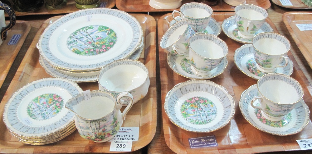 Two trays of Royal Albert bone china 'Silver Birch' teaware comprising: teacups and saucers;