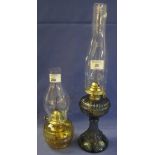 Early 20th Century brass single burner oil lamp with glass reservoir and base and clear chimney,