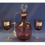 Cranberry glass, mallet shaped ewer with clear glass stopper,