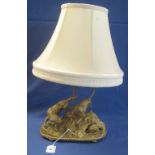 20th Century French gilt metal sculptural table lamp base, featuring two hounds and a rabbit,