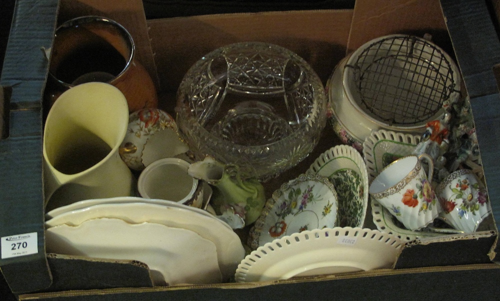 Tray of assorted china to include: Dresden floral cabinet cups and saucers; other Continental vases;