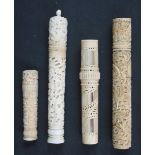 THREE CHINESE EXPORT CANTON IVORY NEEDLE CASES,