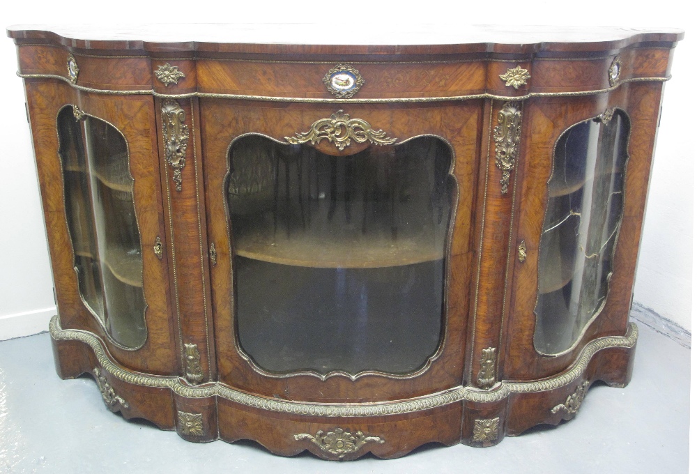 LARGE VICTORIAN INLAID WALNUT CREDENZA having overall gilt metal foliate mounts with painted