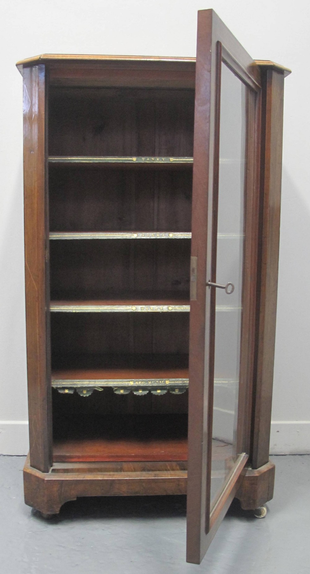 LATE VICTORIAN, WALNUT INLAID, MUSIC CABINET, having glazed door revealing four removable shelves, a - Image 2 of 2