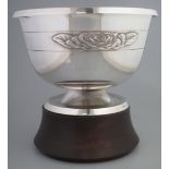 SILVER PEDESTAL ROSE BOWL with applied relief rose decoration, engraved to the base: 'Designed for