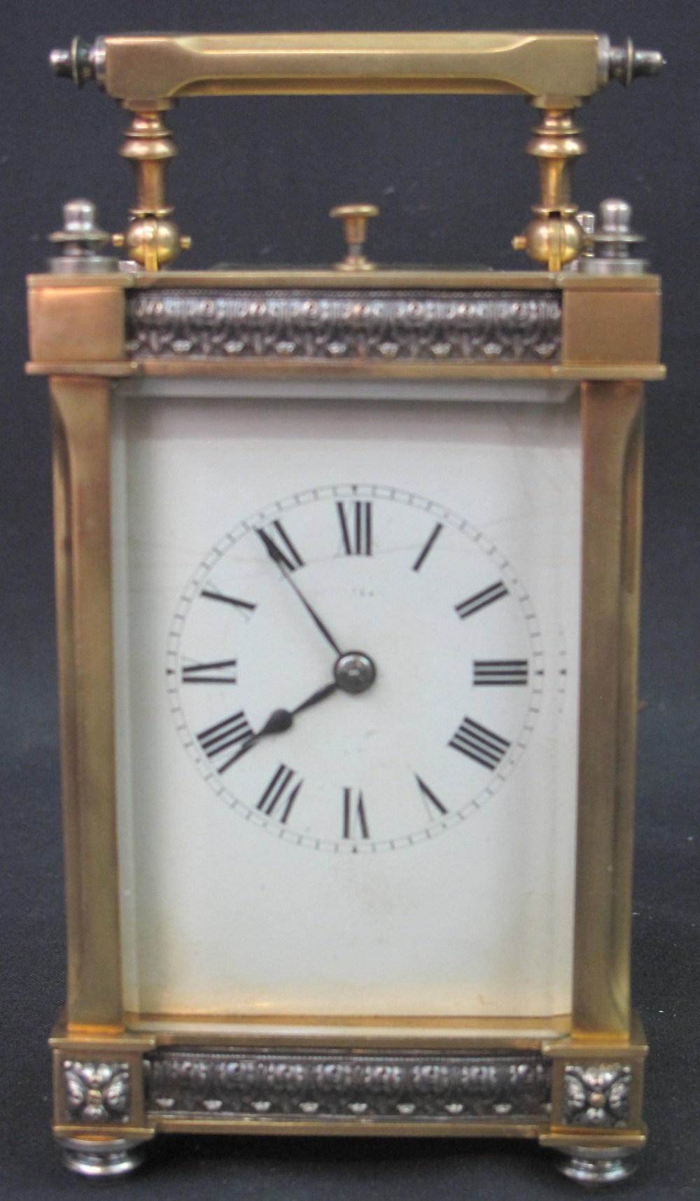 GOOD QUALITY FRENCH GILT BRASS AND WHITE METAL PRESENTATION CARRIAGE CLOCK, the gourd shaped case