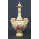 ROYAL WORCESTER PORCELAIN PEACH GROUND, BALUSTER SHAPED VASE, having domed cover, inverted and