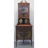 EDWARDIAN STRUNG INLAID AND CROSS-BANDED TWO STAGE, GLAZED CORNER CABINET, having broken swan neck