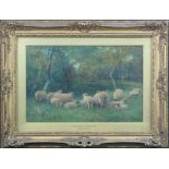 DAVID BATES, (British, 1840-1921), 'The Meadow, Summertime, a Study of Sheep in Woodland',