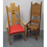 TWO OAK EISTEDDFOD BARDIC CHAIRS,