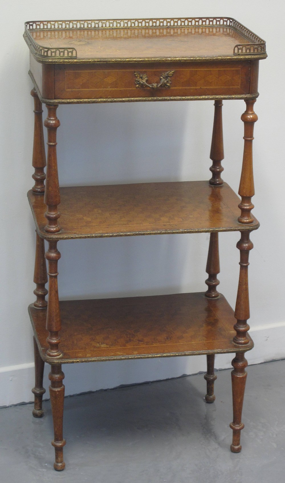 19TH CENTURY FRENCH PARQUETRY INLAID WALNUT THREE TIER WHATNOT,