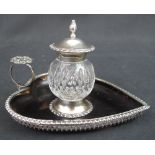 PRETTY SILVER AND TORTOISESHELL HEART SHAPED INKSTAND BY WILLIAM COMYNS, having loop handle with