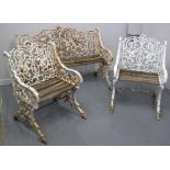 THREE PIECE SUITE OF COALBROOKDALE STYLE CAST IRON GARDEN FURNITURE of stylised interlacing foliate