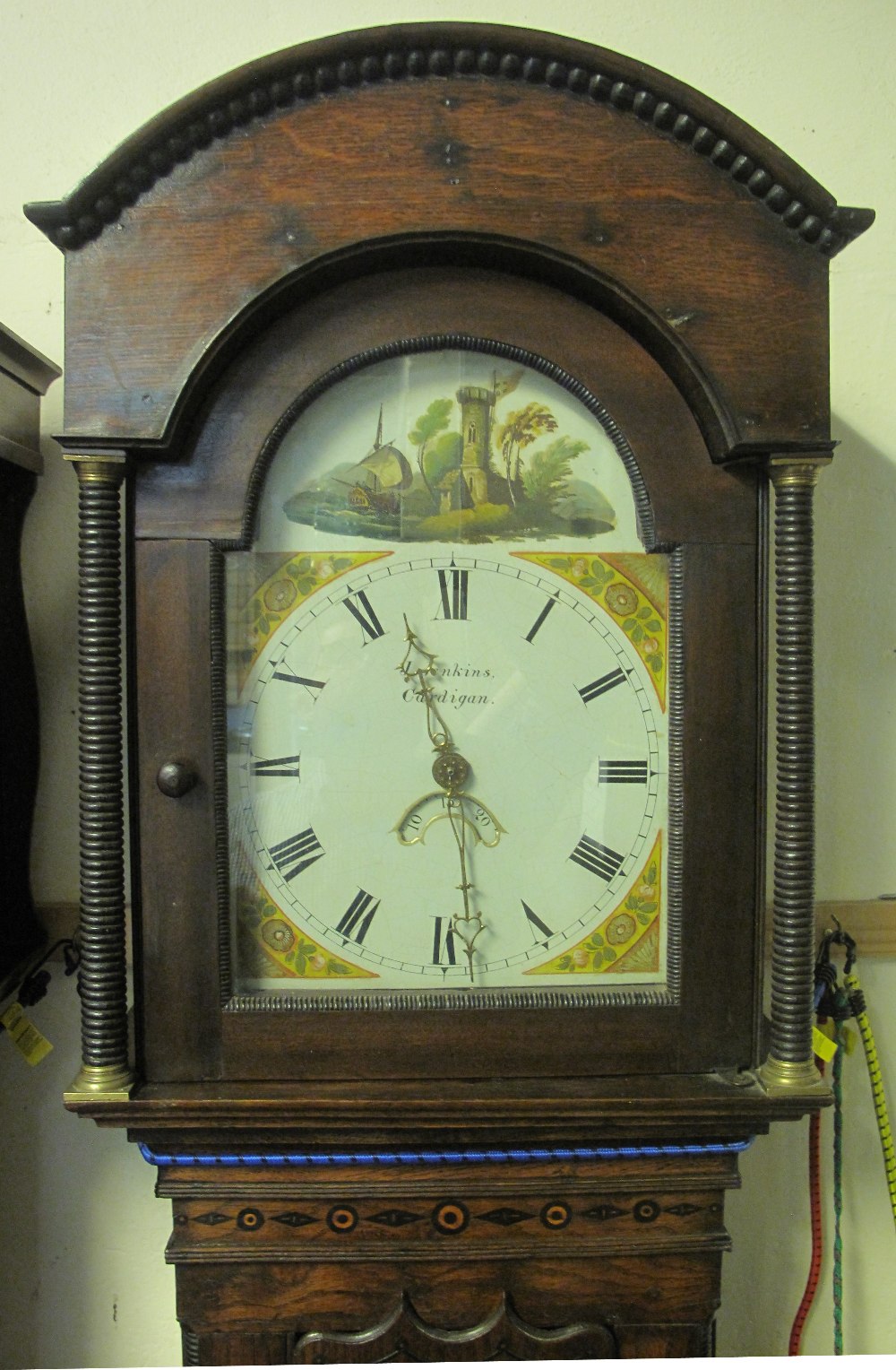 LATE 18TH CENTURY WELSH OAK 30 HOUR LONG CASE CLOCK, marked: J. Jenkins, Cardigan, the case with